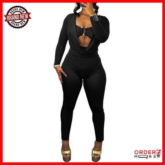 Long Sleeve Cowl Neck Hollow Out Bodycon Jumpsuit Club Outfit